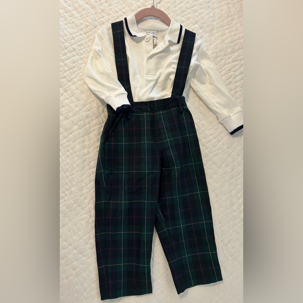 Florence Eiseman Navy/Green Plaid Suspender Pants with matching shirt 2T
